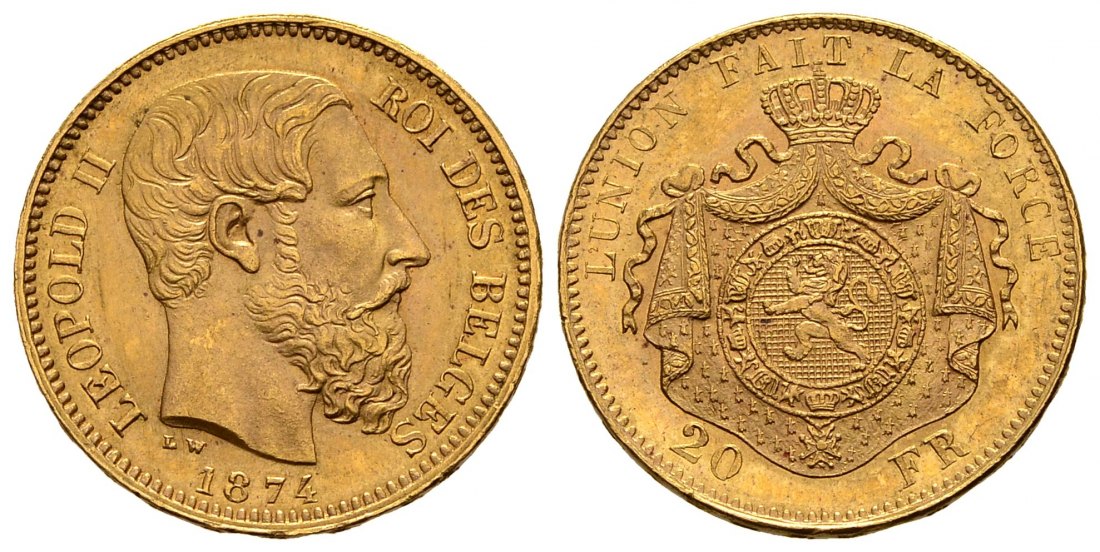 PEUS 2897 Belgien 5,81 g Feingold. Leopold II. (1865-1909) 20 Francs GOLD 1874 Kl. Kratzer, fast Vorzüglich