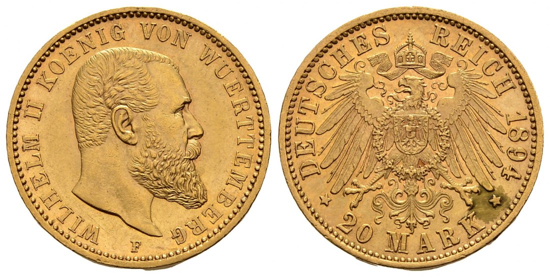 PEUS 2898 Kaiserreich - Württemberg 7,17 g Feingold. Wilhelm II. (1891 - 1918) 20 Mark GOLD 1894 F Kl. Kratzer, Vorzüglich