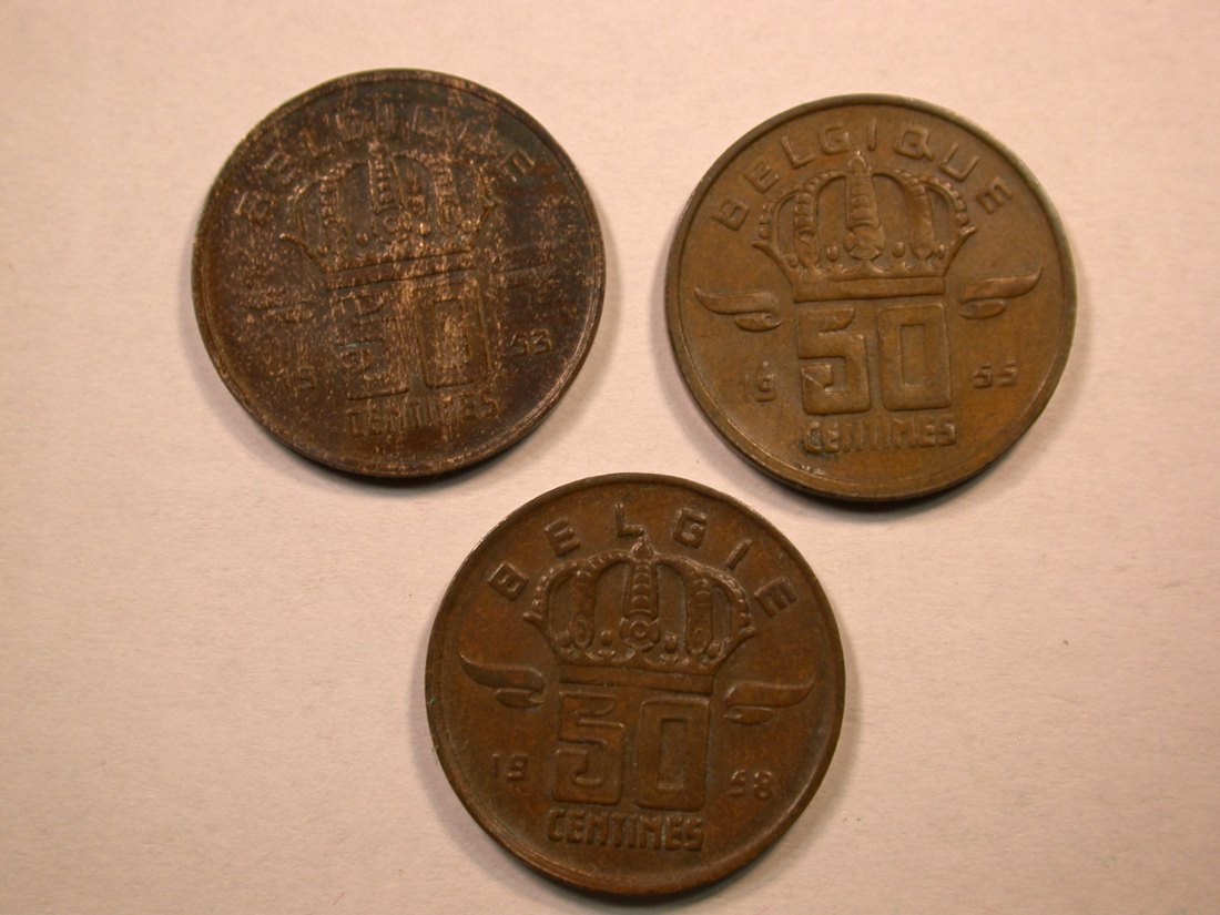  D06  Belgien 3 x 50 Centimes 1953, 55 und 1958 in besser  Orginalbilder   