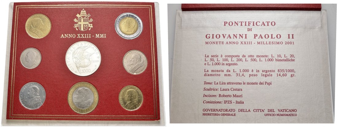 PEUS 2945 Vatikan In Originaleinband Lire-KMS (8 Münzen) 2001 Uncirculated