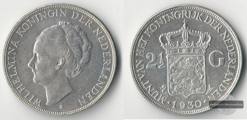  Niederlande  2 1/2 Gulden   1930  Queen Wilhelmina   FM-Frankfurt  Feinsilber: 18g   