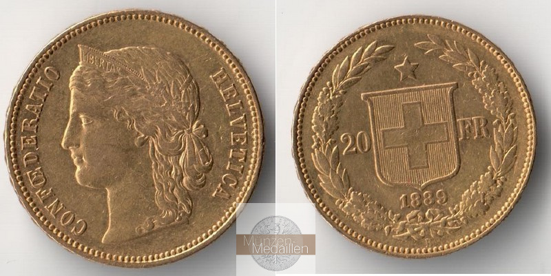 Schweiz MM-Frankfurt Feingewicht: 5,81g Gold 20 sFR (Helvetia) 1889 
