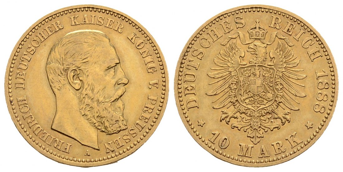 PEUS 3013 Kaiserreich - Preußen 3,58 g Feingold. Friedrich III. (09.03.- 15.06.1888) 10 Mark GOLD 1888 A Kl. Kratzer, fast Vorzüglich