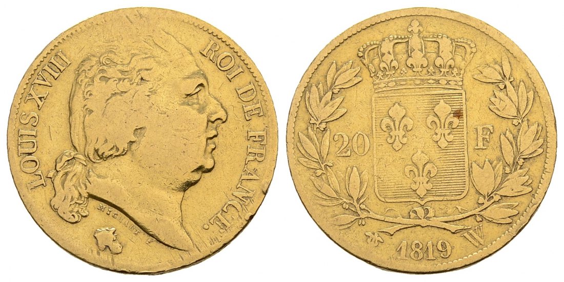 PEUS 3026 Frankreich 5,81 g Feingold. Paris. Ludwig XVIII. (1814 - 1824) 20 Francs GOLD 1819 W Lille Fast sehr schön