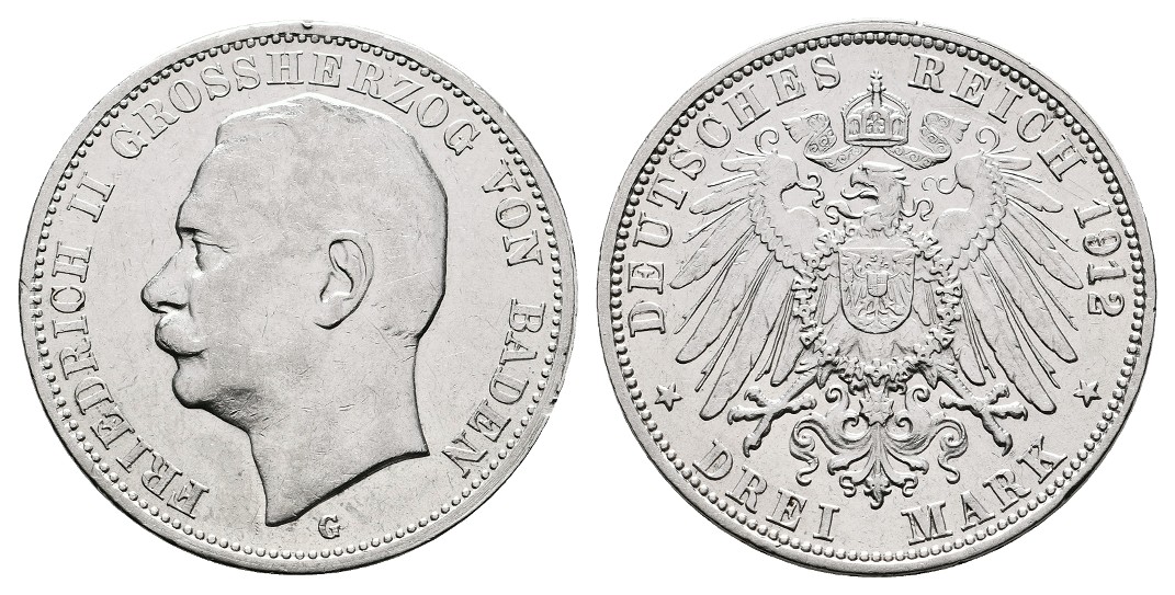  Linnartz KAISERREICH Baden Friedrich II. 3 Mark 1912 Rdf. ss   