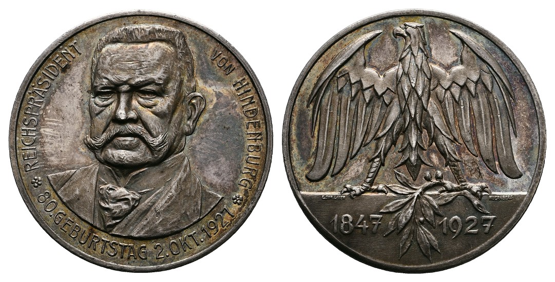  Linnartz Hindenburg Silbermedaille 1927 (Lauer) a.s. 80. Geburtstag Patina vz Gewicht: 14,5g/990er   