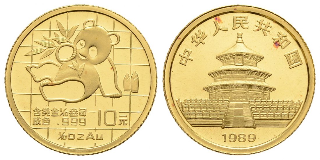 PEUS 3139 China 3,11 g Feingold. Sitzender Panda mit Bambus vor Gitterdesign 10 Yuan GOLD 1/10 Unze 1989 Kl. rote Flecken, Uncirculated