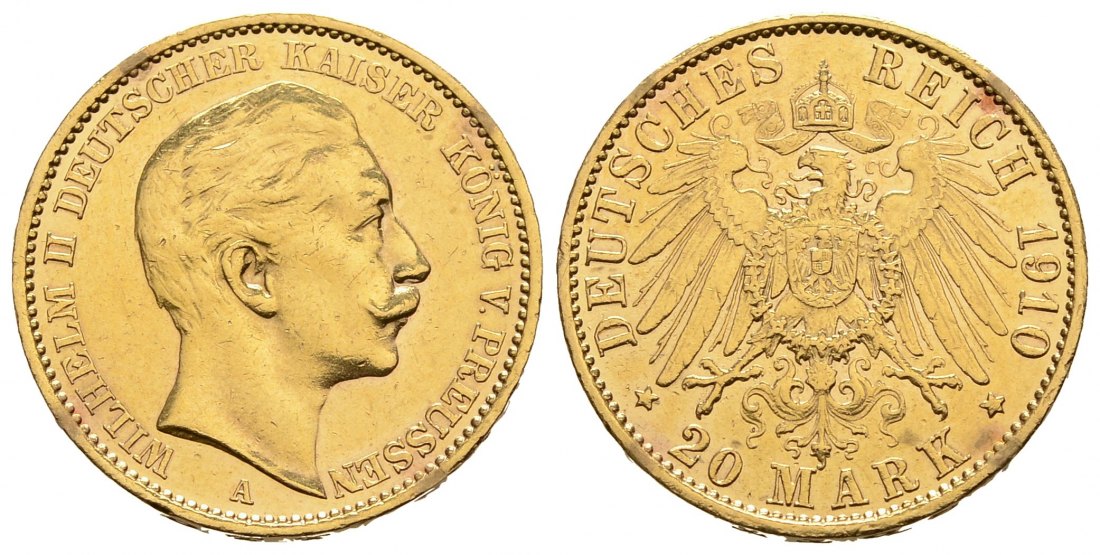 PEUS 3162 Kaiserreich - Preußen 7,16 g Feingold. Wilhelm II.(1888 - 1918) 20 Mark GOLD 1910 A Fassungsspuren, Sehr schön