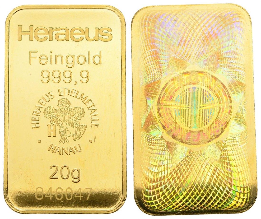 PEUS 3184 BRD, Hanau 20 g Feingold. Argor-Heraeus mit Hologramm Barren GOLD 20 g o.J. Vorzüglich +