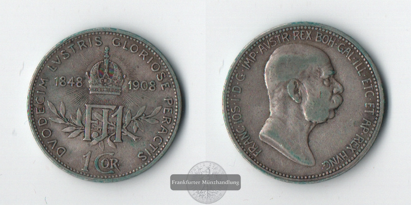  Österreich  1 Krone  1908 60 Jahre Regierungsjubiläum FM-Frankfurt Feinsilber: 4,18g   