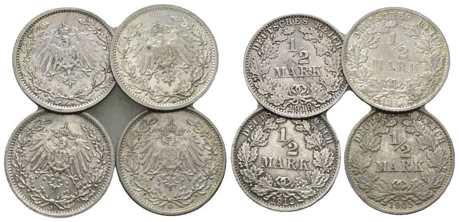  Kaiserreich, 1/2 Mark, J.16 (4 Kleinmünzen 1918/1913/1912/1905)   