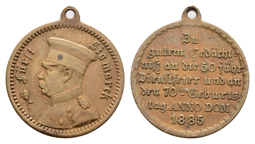  Linnartz Bismarck, Tragbare Messingmemedaille 1885 (v. LAUER), 70. Geburtstag, Be158, 28,5 mm, vz   