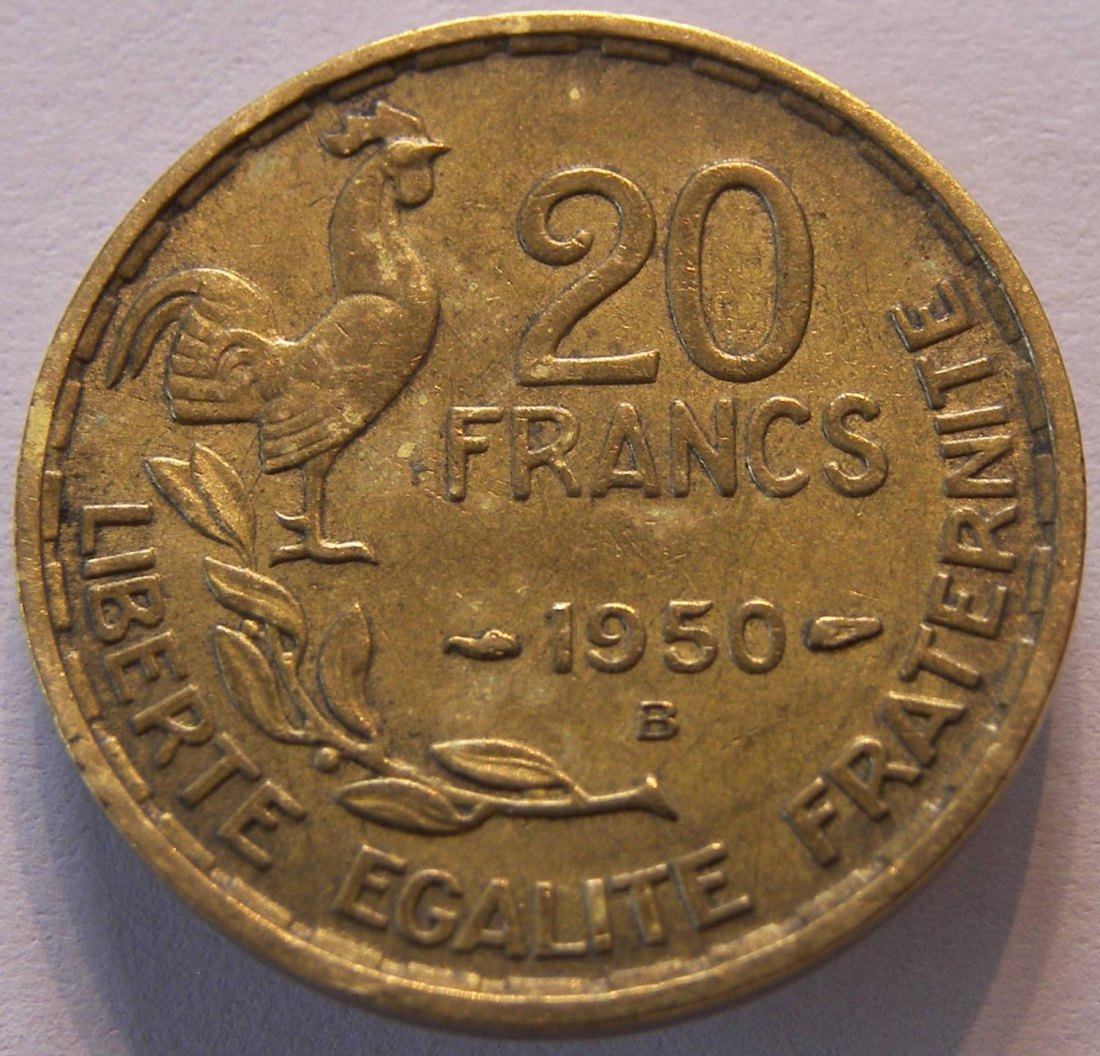  Frankreich 20 Francs 1950 B G. GUIRAUD 3 Federn SELTEN   