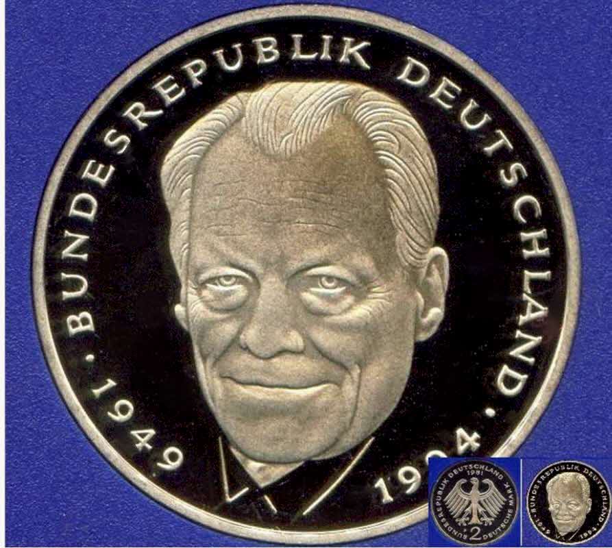  2000 A * 2 Deutsche Mark Willi Brandt Poolierte Platte PP, proof, top   