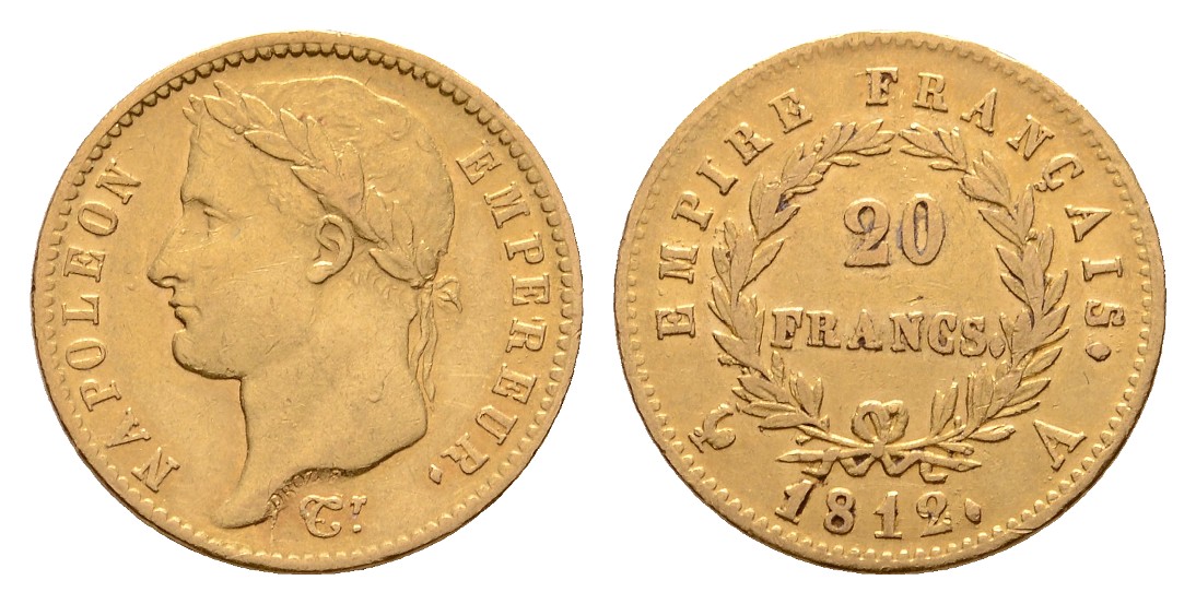  Linnartz Frankreich, Napoleon I., 20 Francs 1812 A, K.M. 695.1, 6,45/900er, ss +   
