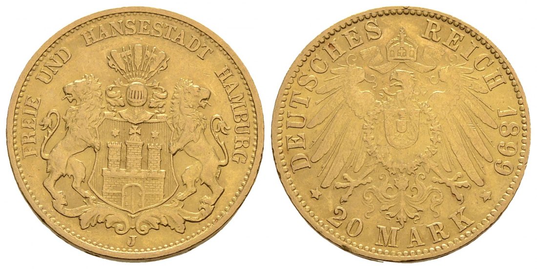 PEUS 3344 Hamburg - Kaiserreich 7,16 g Feingold. Stadtwappen 20 Mark GOLD 1899 J Sehr schön