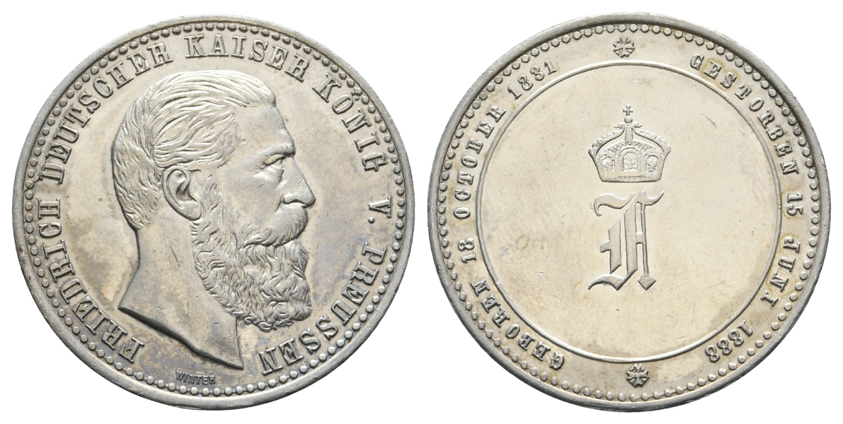  Preussen, Medaille 1888; Silberlegierung; 16,48 g, Ø 39 mm   