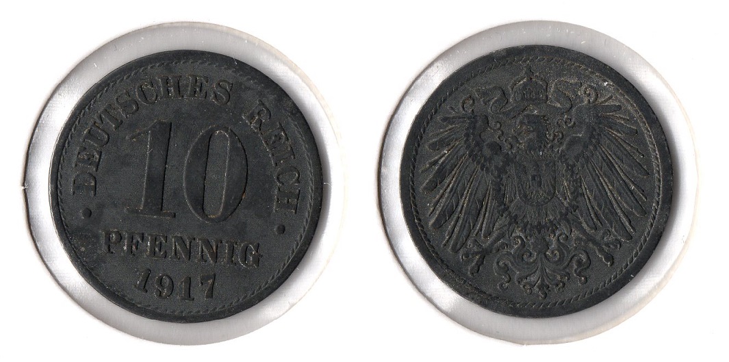  1. Weltkrieg 10 Pfennig 1917 o.Mzz (Zink) Ersatzmünze Jaeger 299. vorzüglich   