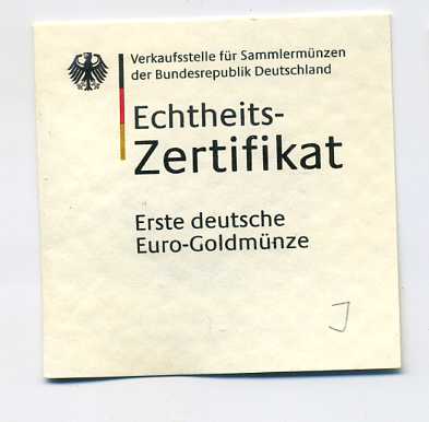  Zertifikat Original für 100 Euro Goldmünze 2002 Einführung Euro nur Zertifikat !!!   