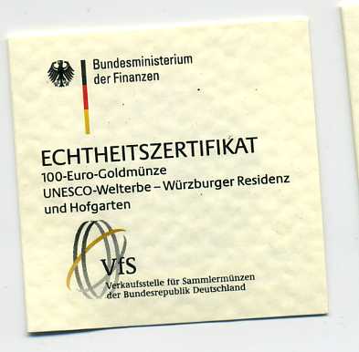  Zertifikat Original für 100 Euro Goldmünze 2010 Würzburg nur Zertifikat !!!   