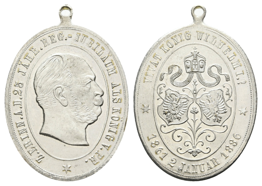  Preußen, Medaille 1886; tragbar, versilbert; 17,65 g, 40,6 x 32,2 mm   