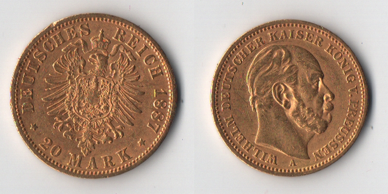 Preussen, Kaiserreich  1887 A  20 Mark MM-Frankfurt Feingold: 7,17g Wilhelm I. 1861-1888  