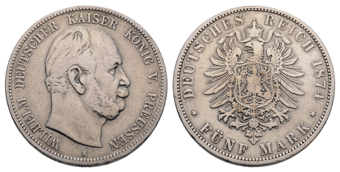  Linnartz KAISERREICH Preussen Wilhelm I. 5 Mark 1874 A, kl. Druckstelle Randstab, ss   