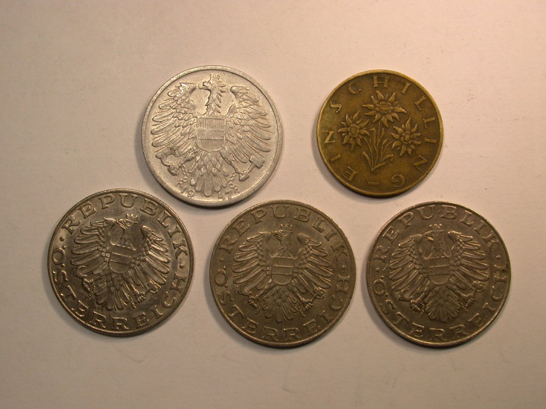  E02  Österreich 5 Münzen 2 x 1 S, 3 x 10 Schilling  Orginalbilder   