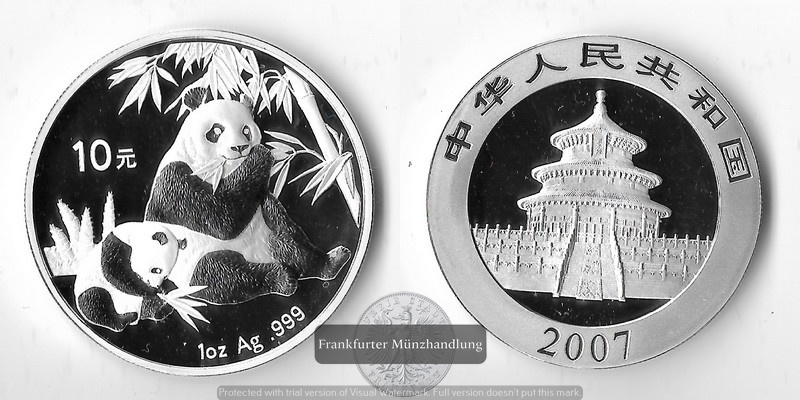  China, 10 Yuan 2007 Panda mit Jungtier  FM-Frankfurt Feinsilber: 31,1g   