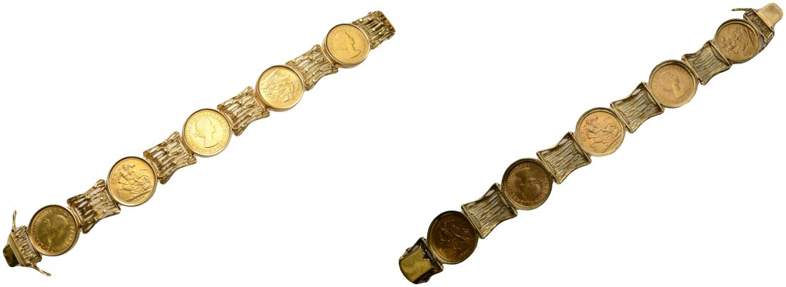 PEUS 3504 Großbritannien Insg. 57,89 g Feingold. 585er Armband/ 21 cm lang Sovereign-Armband GOLD 1966-67 Vorzüglich