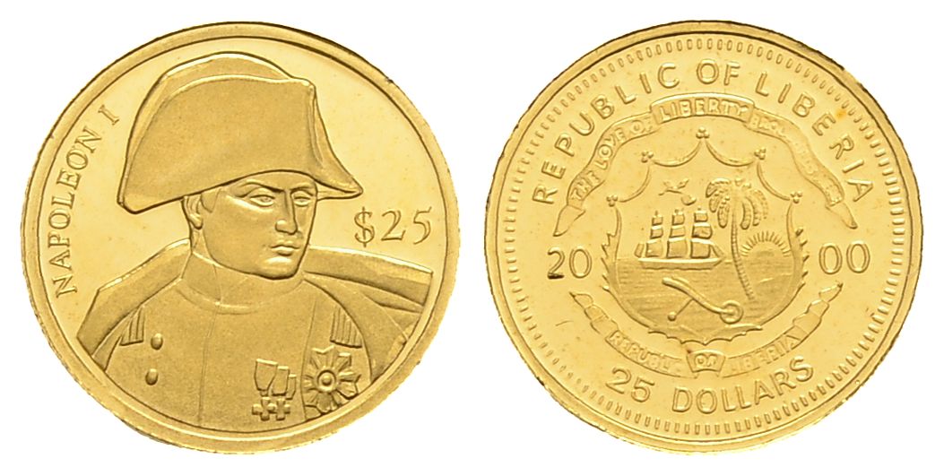 PEUS 3516 Liberia 0,7 g rau. Napoleon 25 Dollars GOLD 2000 Proof