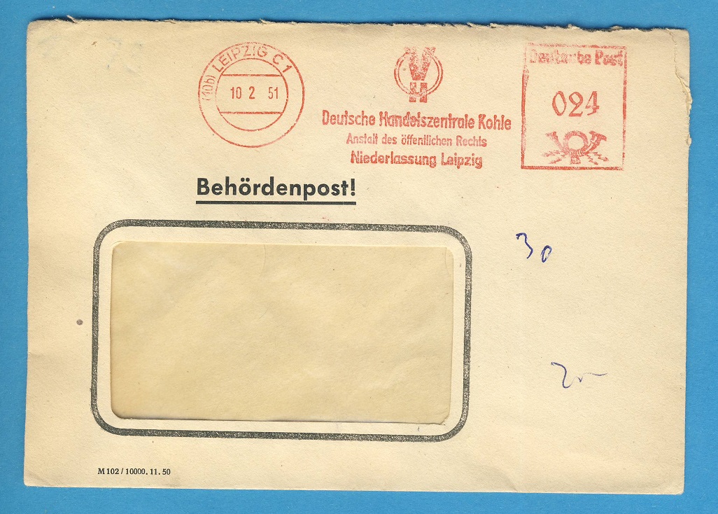  DDR Brief Behördenpost gel.Leipzig 1951 Deutsche Handelszentrale Kohle   