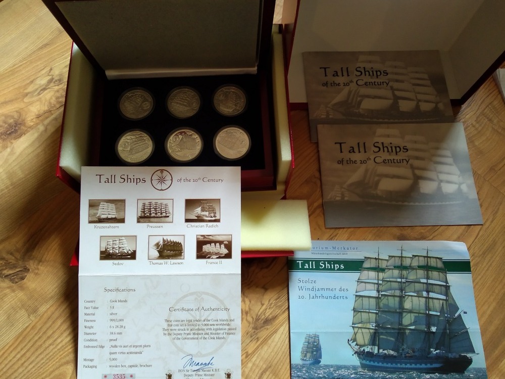  6 x 5 Dollars  2008, Cook Islands, Tall Ships of the 20th Century, OVP, Etui, Zertifikat, PP   