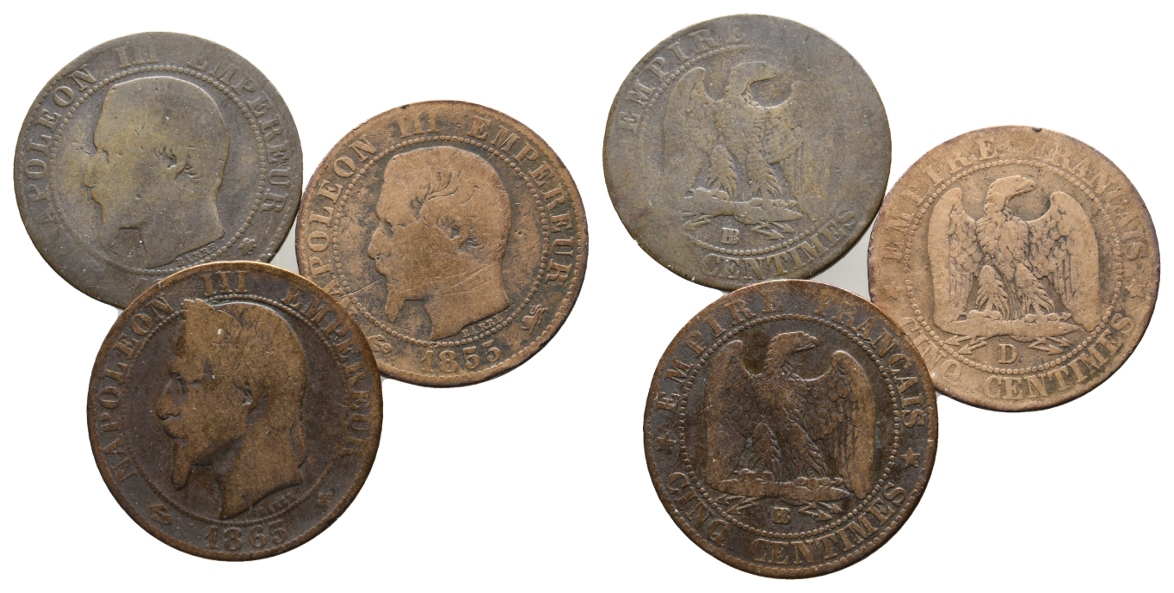  Frankreich; 3 Kleinmünzen 1856 / 1865 / 1855   