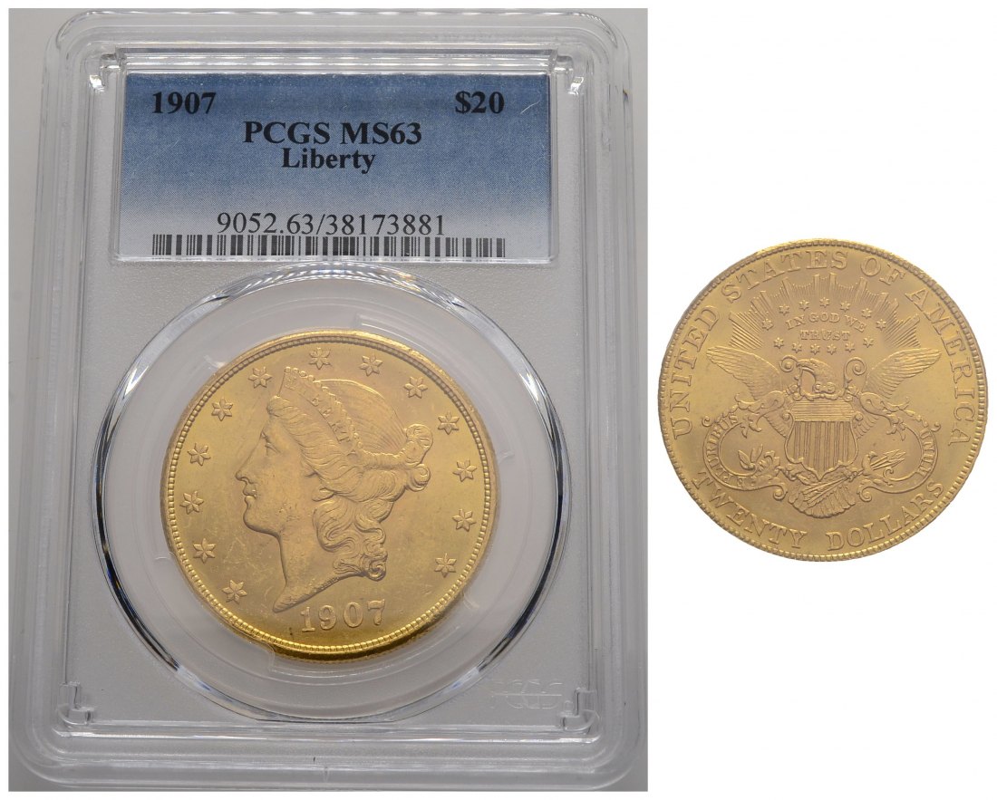 PEUS 3861 USA 30,1 g Feingold. Coronet Head in US-Plastic Holder 20 Dollars GOLD 1907 PCGS-Bewertung MS63/ Vorzüglich
