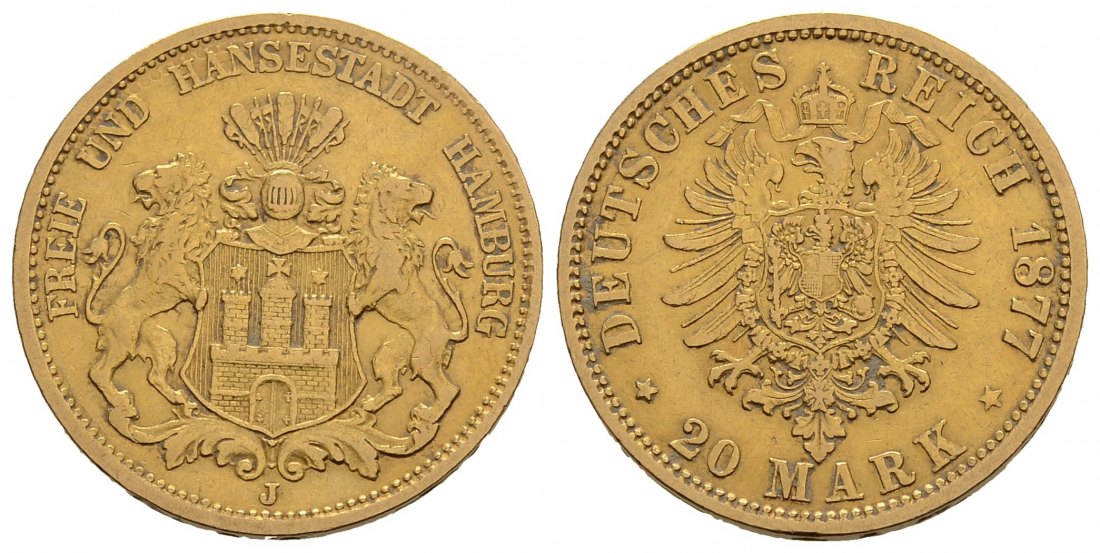 PEUS 3803 Hamburg - Kaiserreich 7,16 g Feingold. Stadtwappen / Kl. Adler 20 Mark GOLD 1877 J Sehr schön