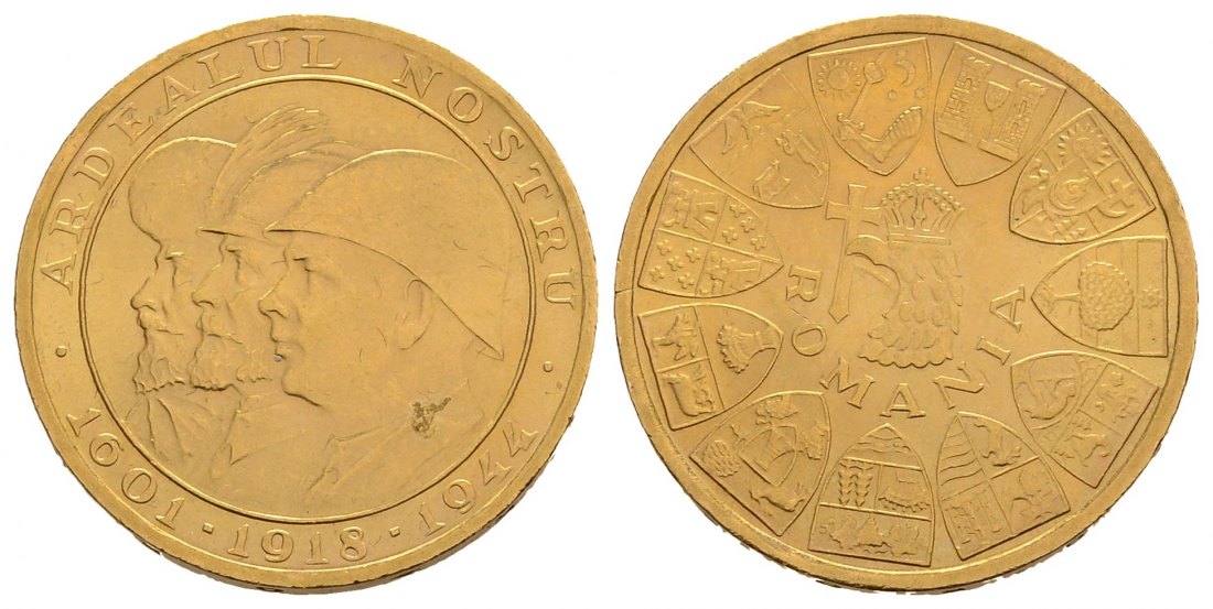 PEUS 3833 Rumänien 5,9 g Feingold. Wiedereingliederung Siebenbürgens 20 Lei GOLD 1944 Winzige Kratzer, fast Stempelglanz