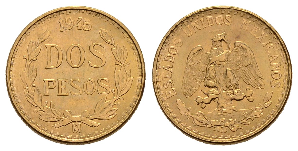 PEUS 3815 Mexiko 1,5 g Feingold 2 Pesos GOLD 1945 M Kl. Kratzer, fast Stempelglanz