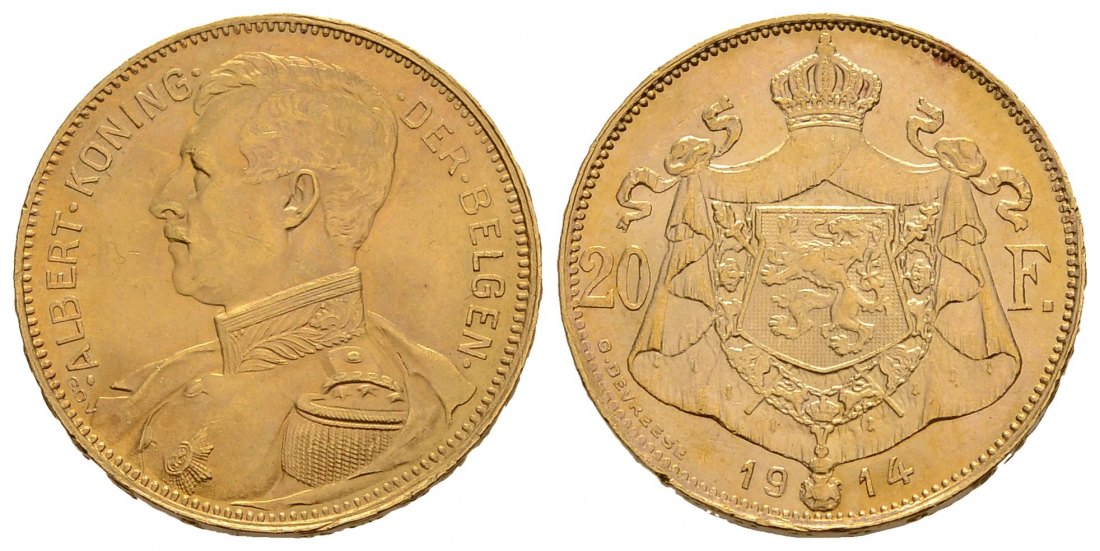 PEUS 3826 Belgien 5,81 g Feingold. Albert (1909 - 1934) 20 Francs GOLD 1914 Kl. Kratzer, fast Stempelglanz