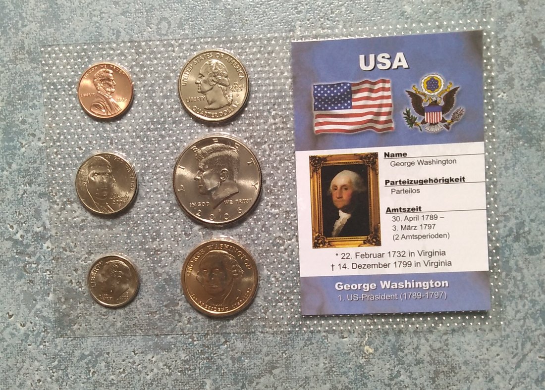  KMS USA mit 6 Münzen von 1 Cent bis 1 Dollar 2000 - 2006, Blister, Stempelglanz, George Washington   