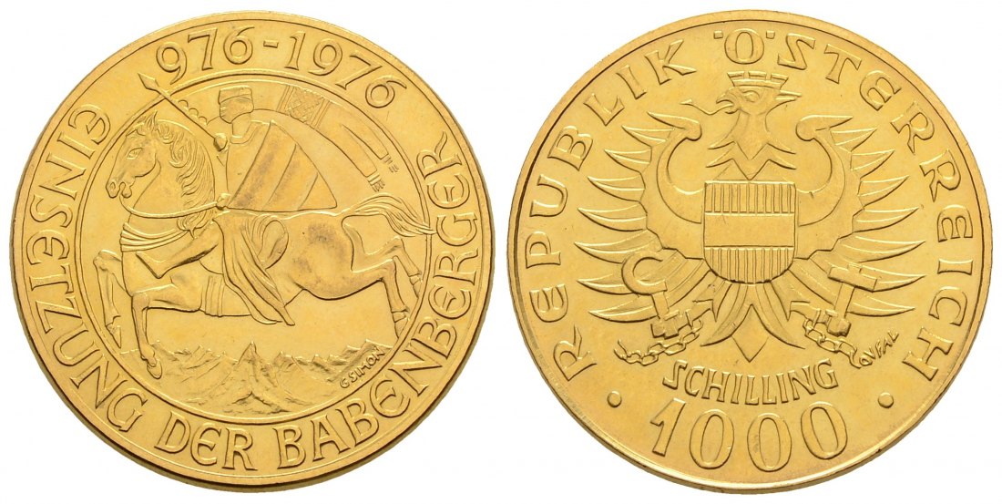 PEUS 4039 Österreich 12,15 g Feingold. Einsetzung der Babenberger 1000 Schilling GOLD 1976 Winzige Kratzer, fast Stempelglanz