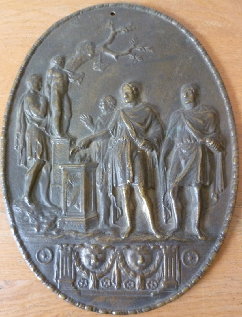  Bronzeplakette o.J.; Griechische Darstellung; 1,05 kg, 26,5 x 20,0 cm   