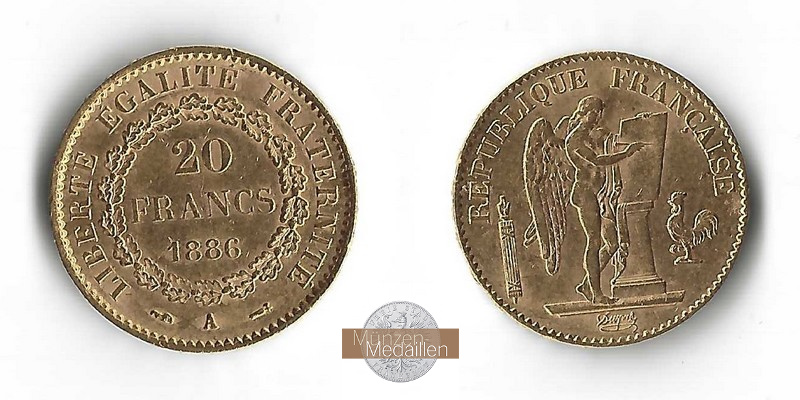 Frankreich  20 Francs MM-Frankfurt Feingold: 5,81g  1886 A 