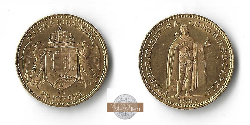 Ungarn MM-Frankfurt  Feingold: 6,10g 20 Kronen 1897 ss