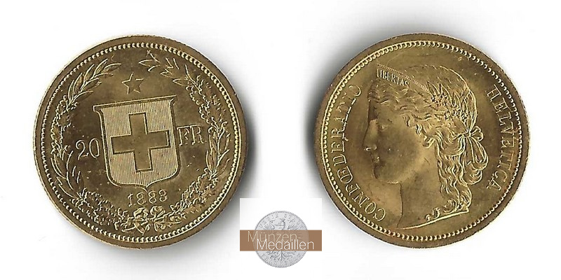 Schweiz 20 sFR MM-Frankfurt Feingold: 5,81g Helvetica 1883 