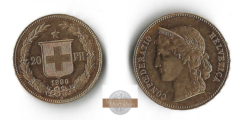 Schweiz  20sFR MM-Frankfurt Feingold: 5,81g Helvetica 1890 B 