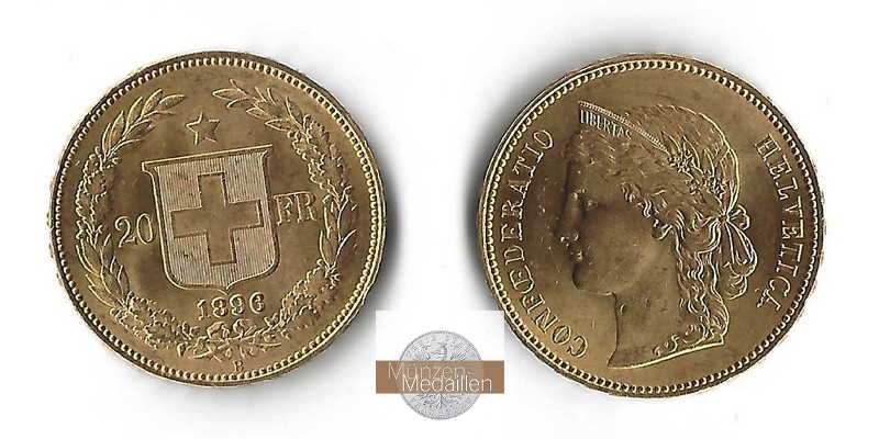 Schweiz (Helvetia) MM-Frankfurt Feingold: 5,81g 20 sFR 1896 