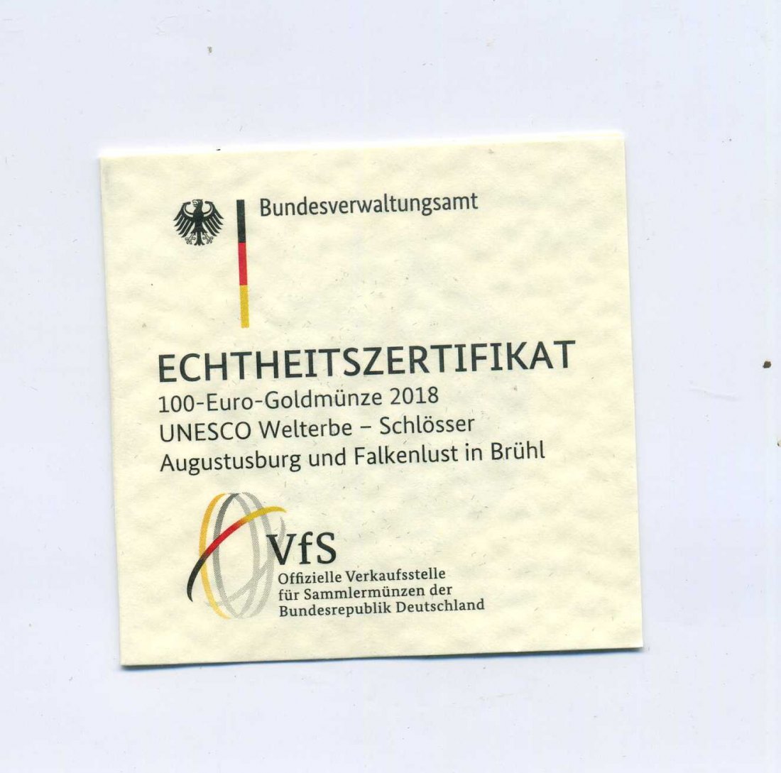  Zertifikat Original für 100 Euro Goldmünze 2018 Falkenlust Brühl nur Zertifikat   