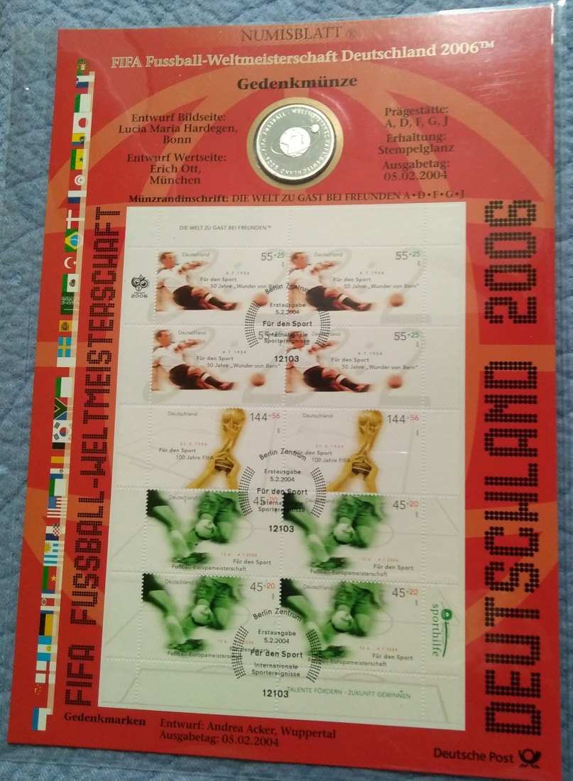  10 Euro, 2004 mit  Briefmarken , Numisblatt, BRD, zur Fussball WM 2006, Stempelglanz,Topzustand   