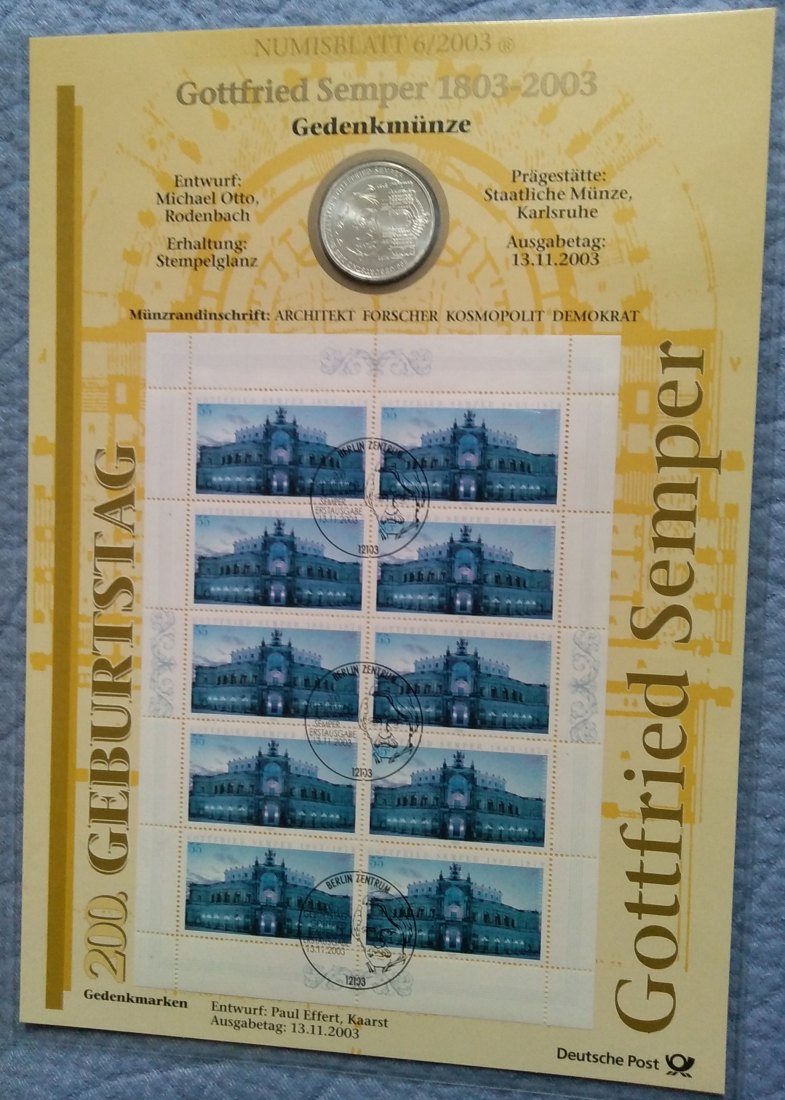  10 Euro Sondermünze BRD mit Briefmarken, Numisblatt , Gottfried Semper, Stgl, offiz. Ausg. Top   